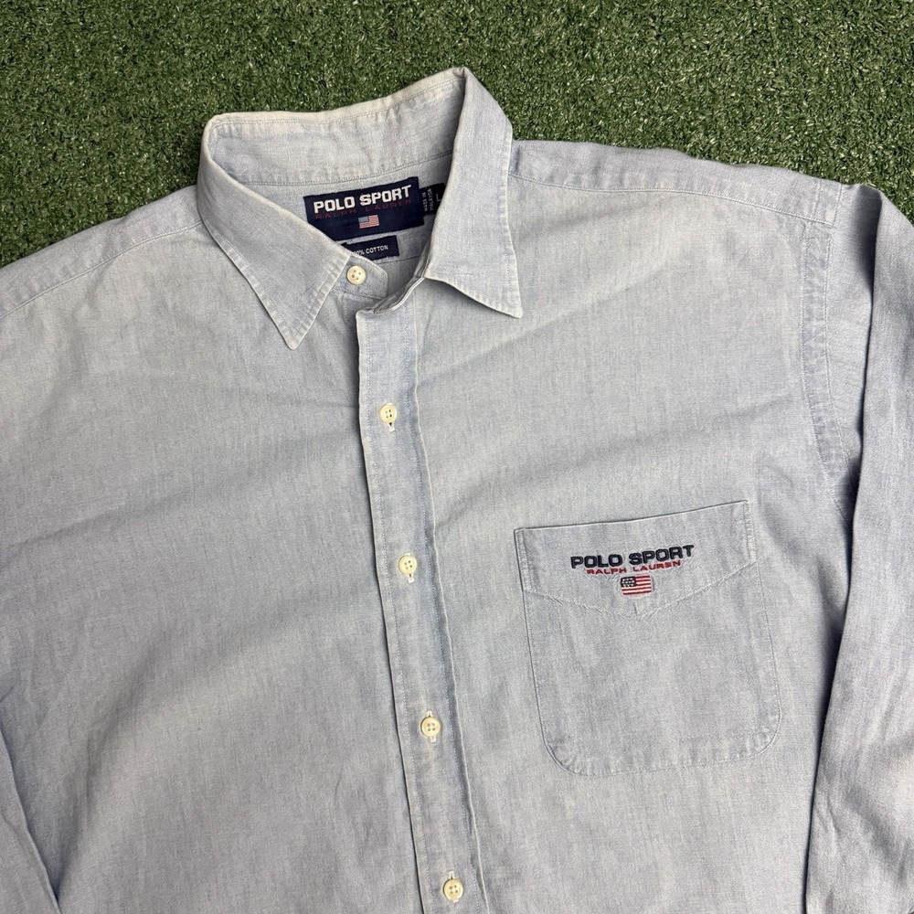 Vintage 90s Polo Sport Ralph Lauren Shirt Large Blue Chambray USA Flag Logo